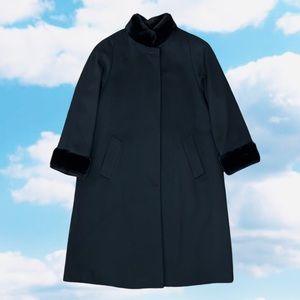 VINTAGE Jones New York 100% Wool Faux Fur Trimmed Dress Coat Midi Maxi Black 1X